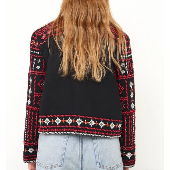Zara Black Red Embroidered Beaded Open Front Crop Blazer Ethnic Dressy Statement - Picture 4 of 16